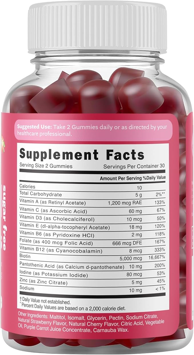 HSN Gummies - Hair Skin and Nails Gummies - Sugar Free Biotin Gummies 5000mcg with Full Vitamin Complex for Hair Growth, Healthy Skin, Nail Strength - 60 Ct Strawberry & Cherry Flavor