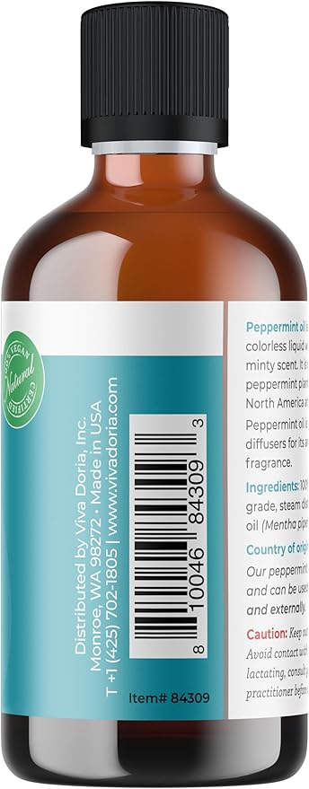 Viva Doria Peppermint Essential Oil, 100% Pure, Natural, Northwest Peppermint Essential Oil, Undiluted, for Aromatherapy | Food Grade, 118 mL (4 Fluid Ounce)