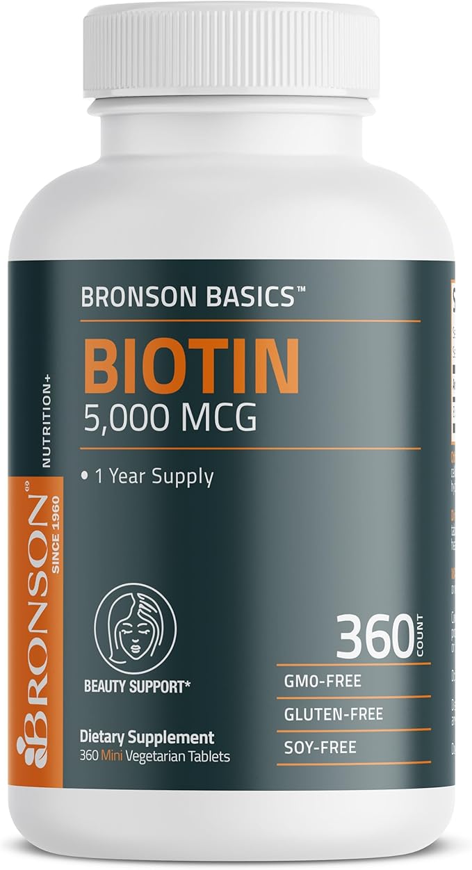 Bronson Biotin 5,000 MCG Supports Healthy Hair, Skin & Nails & Energy Production - High Potency Beauty Support - Non-GMO, 360 Vegetarian Tablets