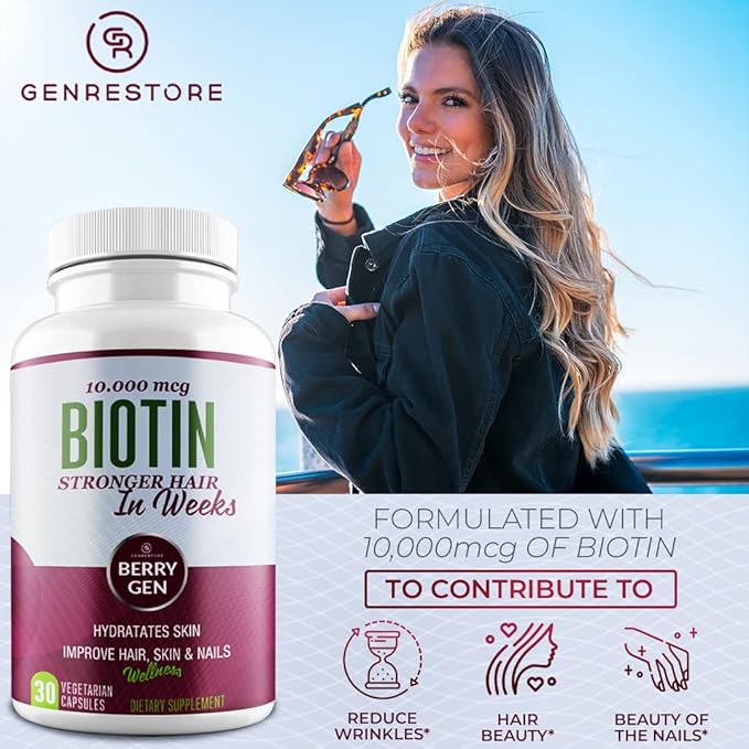 Berry Gen Biotin Supplement 10000 mcg Vegetarian Capsules - Support Hair Health & Growth, Help Heal Skin & Reduce Wrinkles and Moisturize Skin, Hair, and Nails - 30 Count (3)