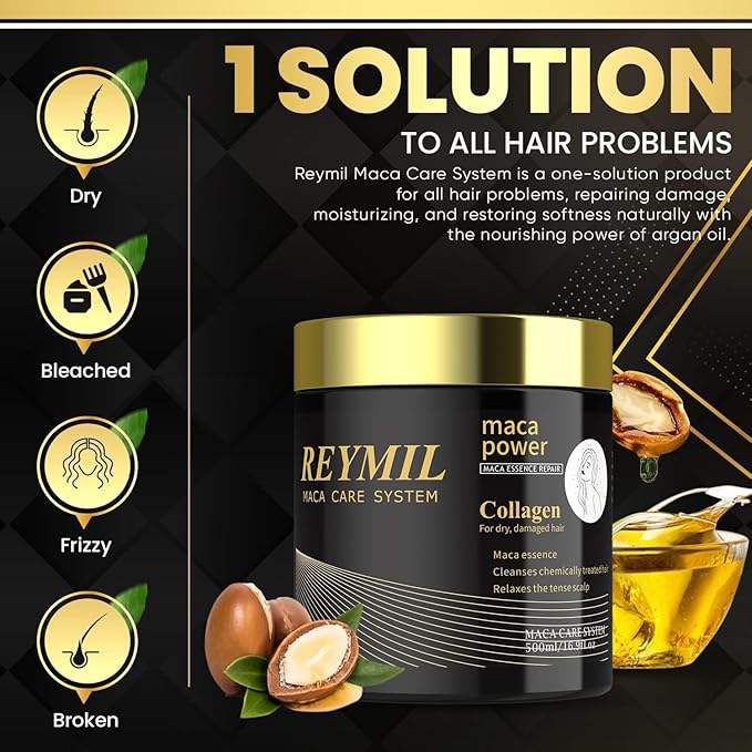 REYMIL-Collagen hair mask - hair treatment for dry damaged hair - Collagen Hair Treatment Deep Repair Conditioning Argan Oil Shine and Softness for Healthy Hair -16.9onz mascarilla para el cabello