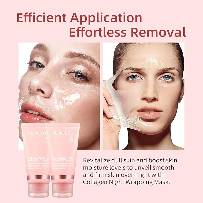 Collagen Night Wrapping Mask,Peel Off Facial Mask Collagen Face Mask,Deep Cleansing, Firming Skin, Reduces Sagging & Dullness, Glowing Skin (with Brush & Gua sha facial tools)