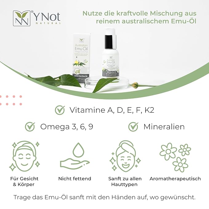 Emu Oil Pure Skin Moisturizer - Nail, Body, Face, Scalp & Hair Moisturizer with Omega 3, 6, 9, Vitamins, & Minerals - Australian Emu Oil for Skincare by Y-Not Natural - 60mL, Blue Gum Eucalyptus