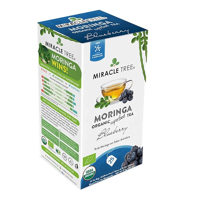 Miracle Tree - 3 Count of Organic Moringa Superfood Tea, 25 Individually Sealed Tea Bags, Blueberry (Keto, Detox, Energy/Immunity Booster, Vegan, Gluten-Free, Organic, Non-GMO, Caffeine-Free)