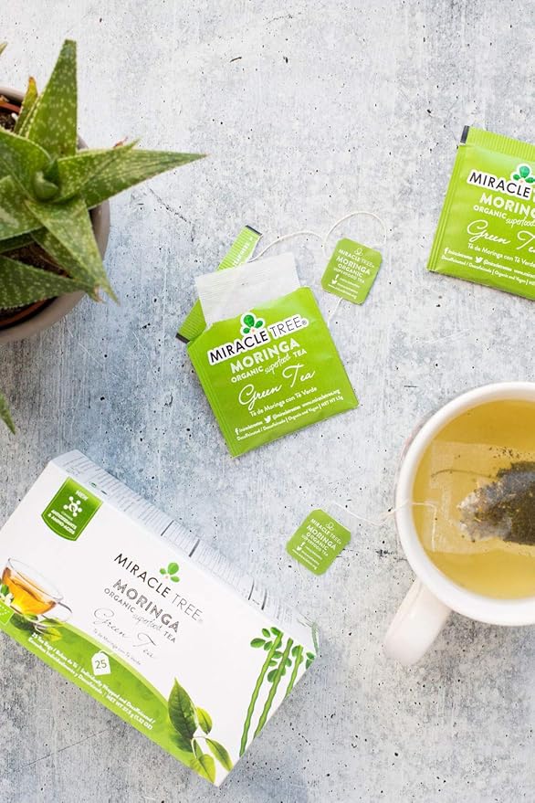 Miracle Tree - Organic Moringa Superfood Tea, 25 Individually Sealed Tea Bags, Green Tea (Keto, Detox, Energy & Immunity Booster, Vegan, Gluten-Free, Organic, Non-GMO, Decaffeinated)