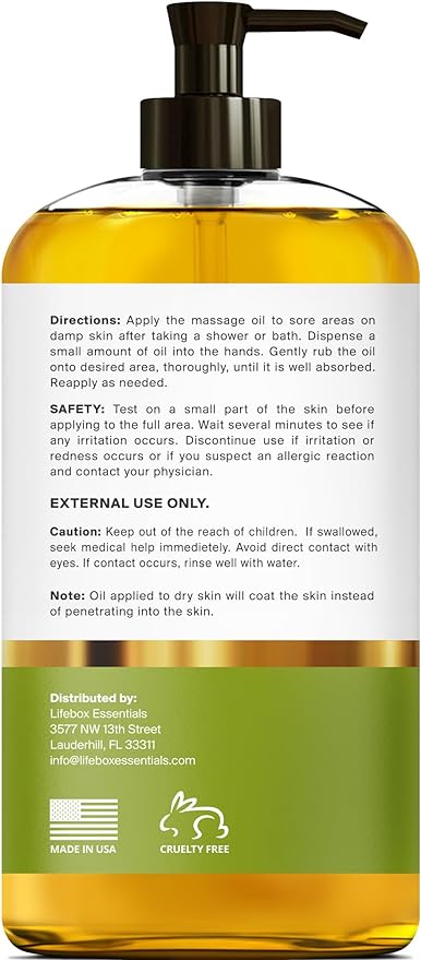 Arnica Sore Muscle Massage Oil – 100% Pure & Natural - Massage Therapy for Muscles & Joints – Body Oil Infused with Arnica Extract, Lavender Oil, Peppermint Oil & Chamomile Oil – 8 FL OZ