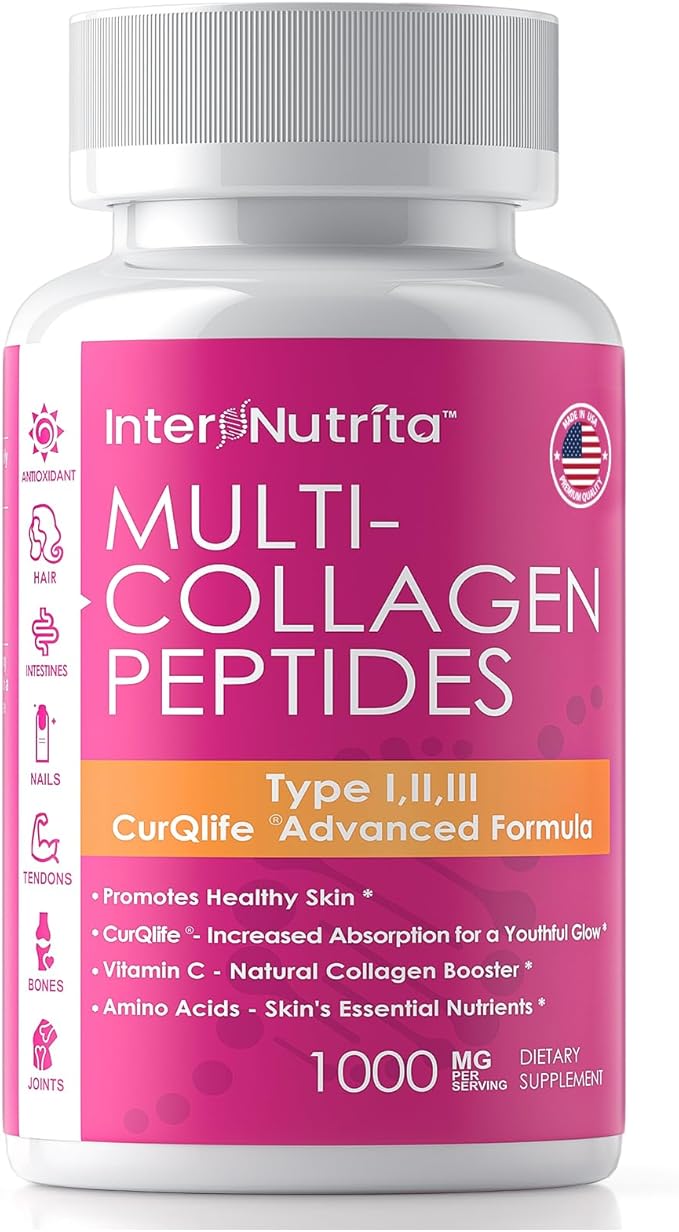 Collagen Peptides with Vitamin C, Multi Collagen Peptides Types I, II, III with Chondroitin Sulfate and Curcumin, Collagen Supplements for Skin, Hair Nail, Joint and Gut Health