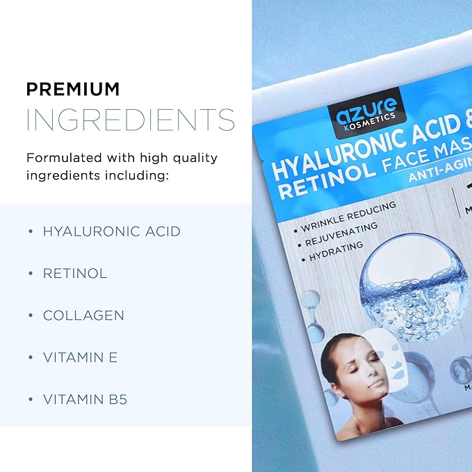 AZURE Hyaluronic Acid & Retinol Anti Aging Facial Mask - Dermatologist Tested - Rejuvenating & Hydrating Face Mask - Helps Reduce Fine Lines & Wrinkles, Smooths & Repairs - Korean Skin Care - 10 Pack