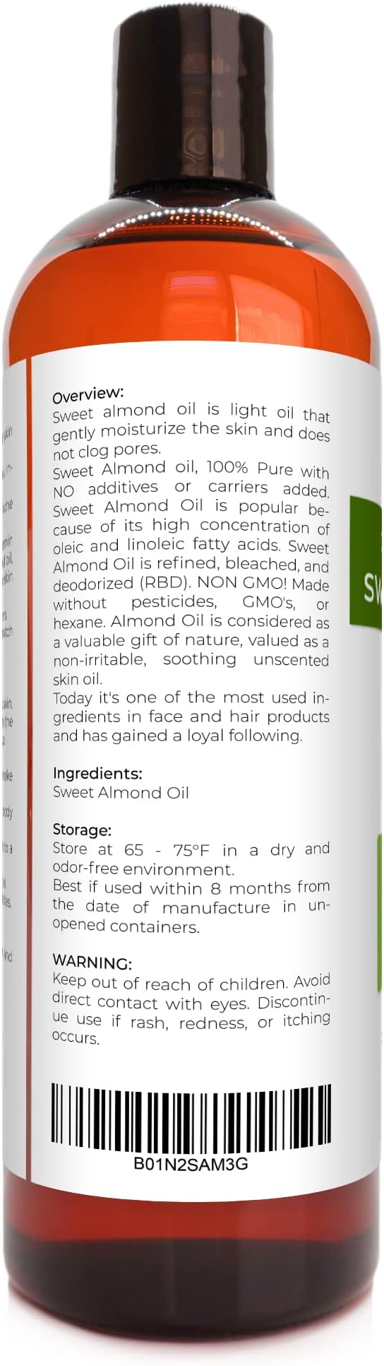 velona USDA Certified Organic Sweet Almond Oil - 16 oz | 100% Pure and Natural Carrier Oil | Refined, Cold Pressed | Skin, Hair, Body & Face Moisturizing | Use Today - Enjoy Results