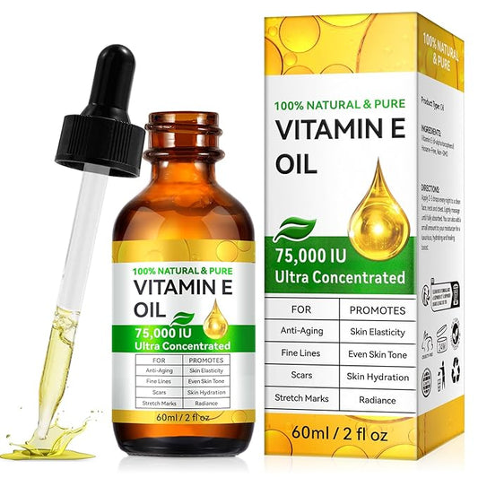 Vitamin E Oil for Skin, Hair & Face -75000 IU, Natural, Pure & Organic Vitamin E Drop Liquid for Scars, Nails, Scalp, Bath & Body Oil, Moisturizing Dry Skin, 2Oz