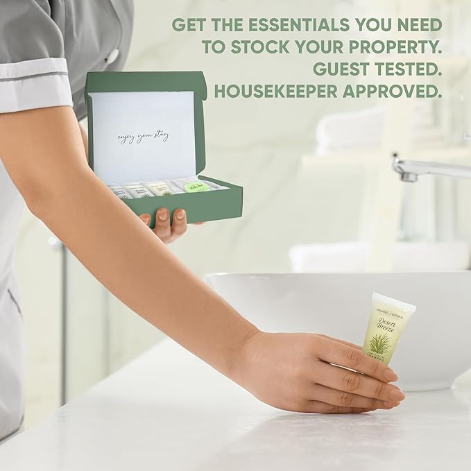 Desert Breeze Amenity Kit | Boxed Hotel Toiletries Bulk Set | 1 oz Shampoo, Conditioner, Lotion, Body Wash & Body Bar Soap | 60 Sets per Case