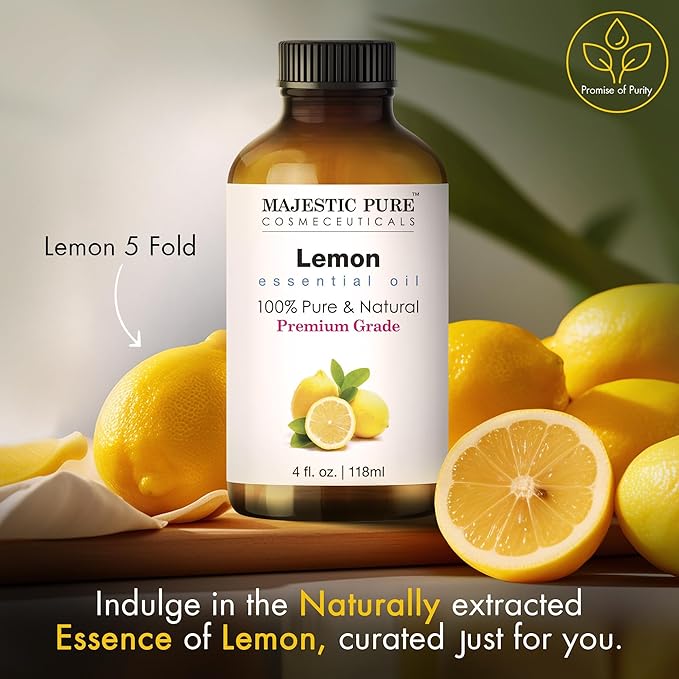 Majestic Pure Lemon Essential Oil with Glass Dropper | 100% Pure and Natural Lemon Oil | Premium Grade Essential Oils for Diffusers, Skin, Aromatherapy, Massage | 4 Fl Oz