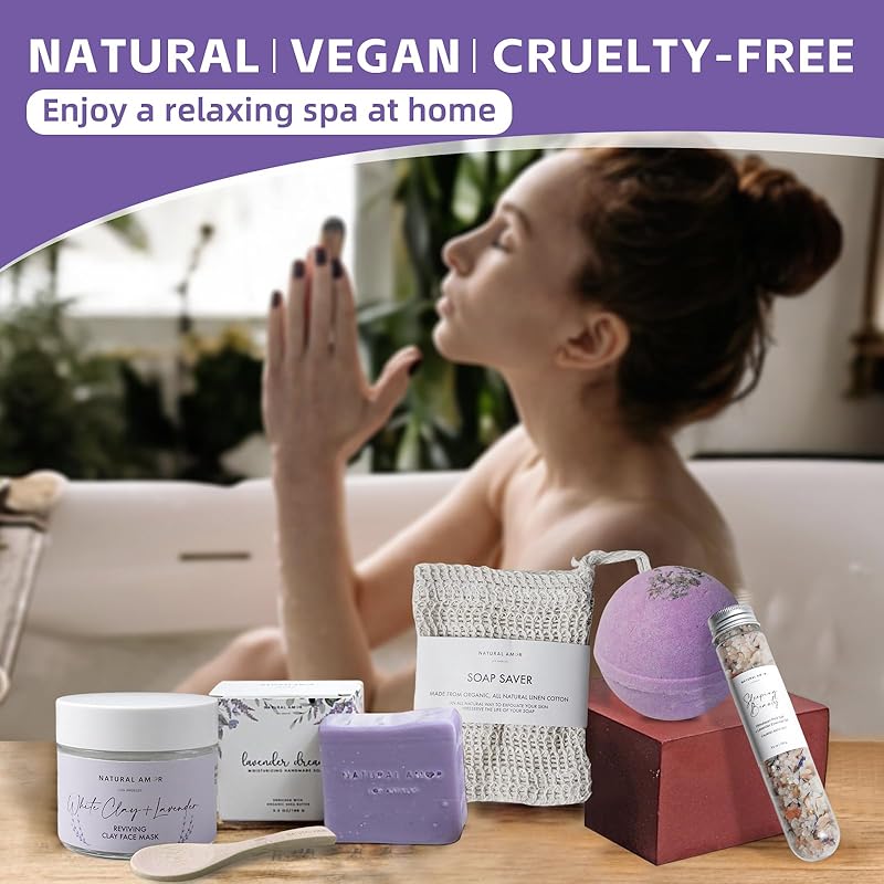 Natural Amor Lavender Spa Gifts for Women, 5pcs Handmade Spa Gift Box for Women, Birthday Gift for Women, Self Care Gift, Thank you Gift for Mother Day