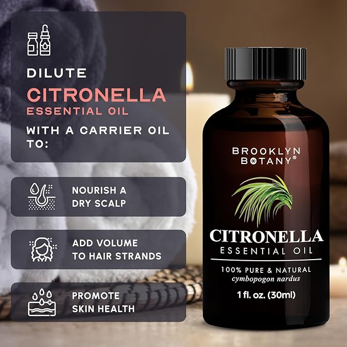 Brooklyn Botany Citronella Essential Oil – 100% Pure and Natural – Premium Grade Oil with Dropper - for Aromatherapy and Diffuser - 1 Fl Oz