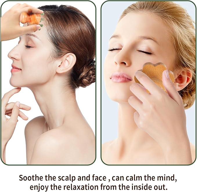 Natual Jade Massage Head, with Wooden Hander Comb,for Scalp Massager, Head Ficial, Body Acupressure Tool,gua sha Scraping, Relieve Fatigue,Stress Relax Device,for Hair Growth (Green)