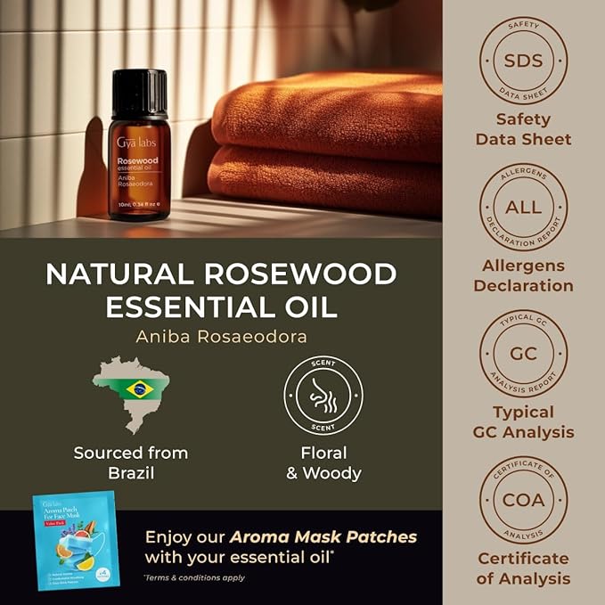 Gya Labs Rosewood Essential Oil for Skin - 0.34 Fl Oz - 100% Pure Natural Rosewood Oil for Diffuser & Aromatherapy, Massage, Candles Making DIY - Woodsy Floral Scent