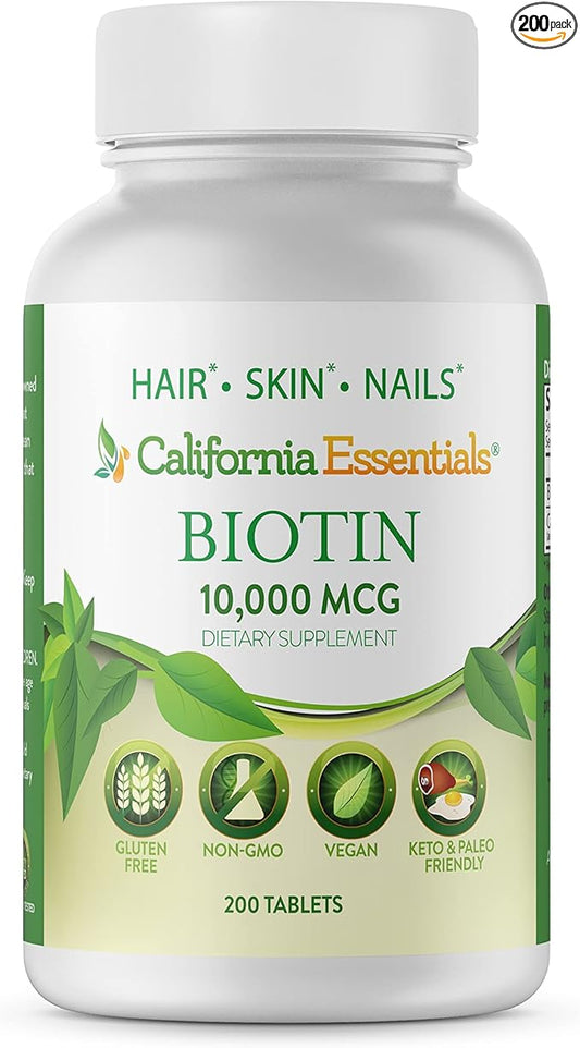 California Essentials Biotin 10000mcg | Vitamin B7 Promotes Healthy Skin, Hair & Nail Growth | High Potency Dietary Supplement for Men & Women | Non-GMO, Vegan, Gluten & Dairy Free (200 Tablets)