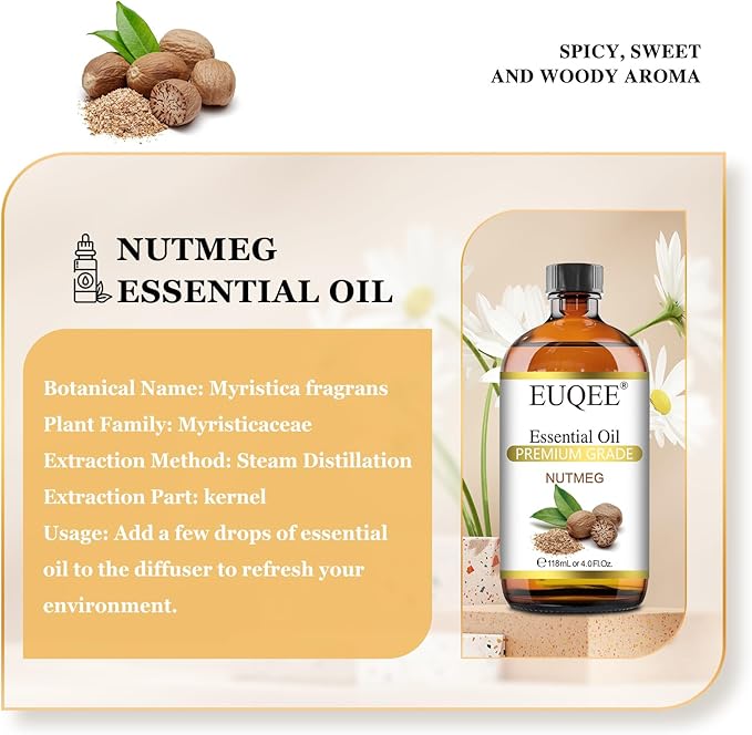 Nutmeg Essential Oil 118ML Large Capacity Nutmeg Oil Premium Aromatherapy Essential Oils with Glass Dropper for Candle Making, Soap Making-4oz