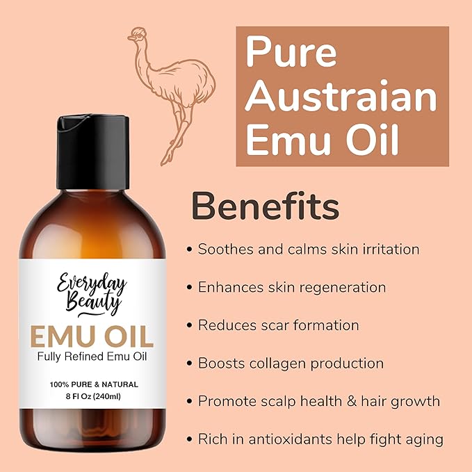 Emu Oil Bulk - 8 Fl Oz Pure & All Natural Refined Australian Emu Oil for Face, Skin and Hair - Great for Sensitive Skin and Hair Growth - For Scars and Piercings - High in Omega 3, 6 and 9 Fatty Acids