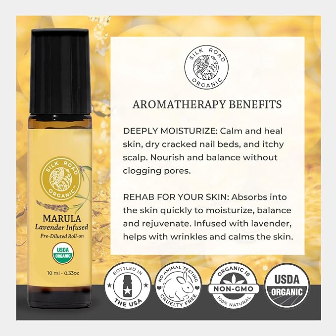 Silk Road Organic Marula Seed & Lavender Essential Oil, 100% Pure USDA Certified Aromatherapy, Deep Hydration for Face, Body, Lips, Hair, Nails - 10 ml Roller