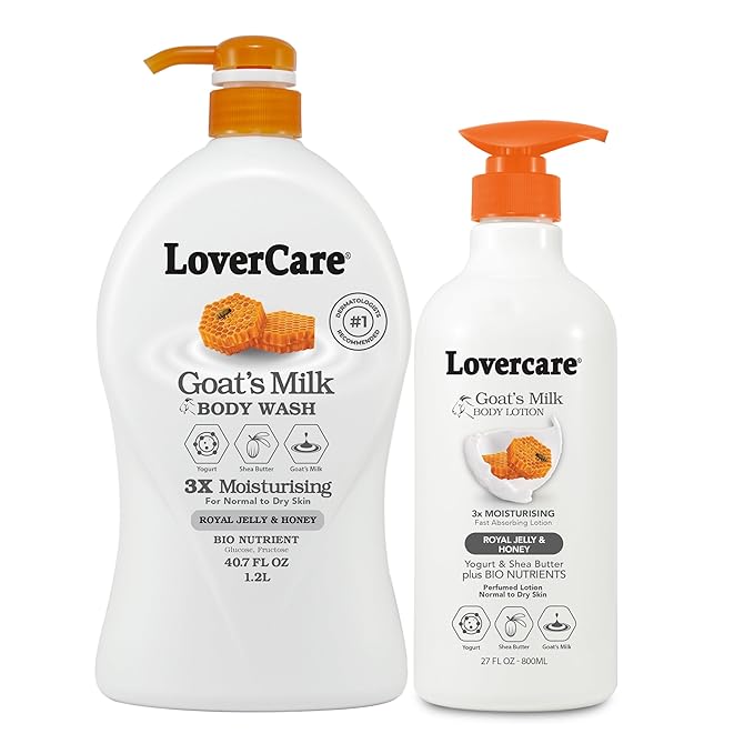 Lover's Care Goat Milk Body Lotion for Dry Skin Royal Jelly & Honey 27.05oz (800ml) - Combo Body Lotion & Body Wash…