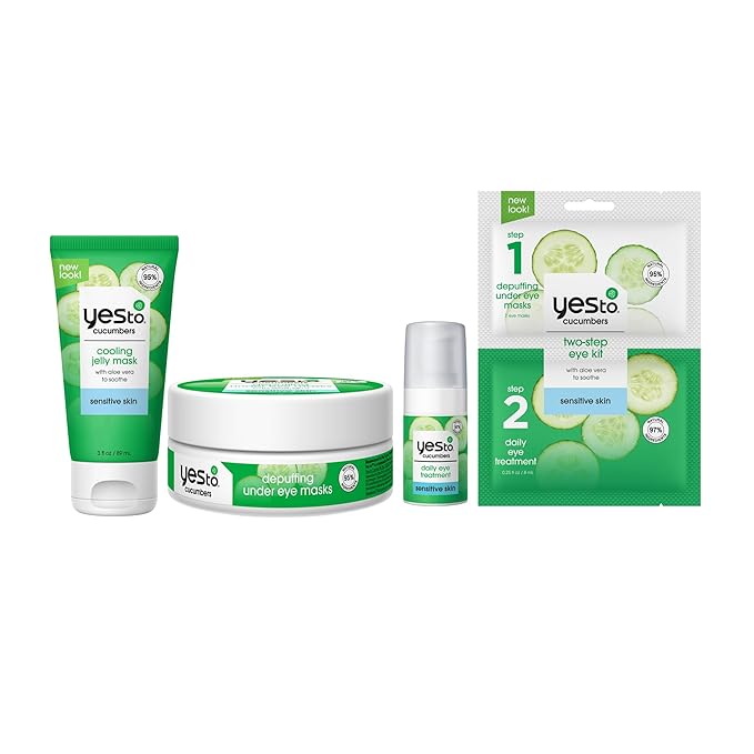 Yes To Cucumbers Sensitive Skin Set – Cooling Jelly Mask, Depuffing Under Eye Masks, Two-Step Eye Kit,