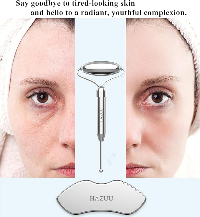 Stainless Steel Gua Sha Face Rollers&Acupuncture Pen - Metal Roller for Eyes & Neck, Anti-Aging Facial Massage Tools, Gua Sha Facial Tool Kit (JGS-2)