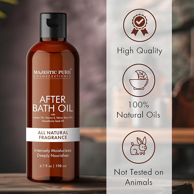 Majestic Pure After Bath Oil - 100% Pure & Natural | Repair Dry, Damaged Skin | Moisturizing Skin, Hair and Scalp | Infused with Jojoba Oil & Vitamin E | 6.7 Fl Oz