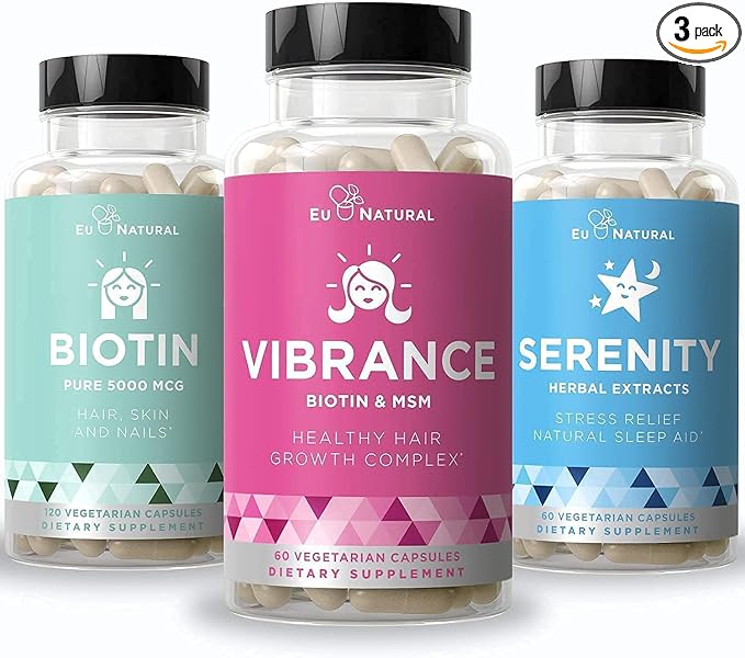 Eu Natural Beauty Bundle - Vibrance Bundle with Biotin & Serenity for Healthier Hair Growth, Stronger Nails, Glowing Skin