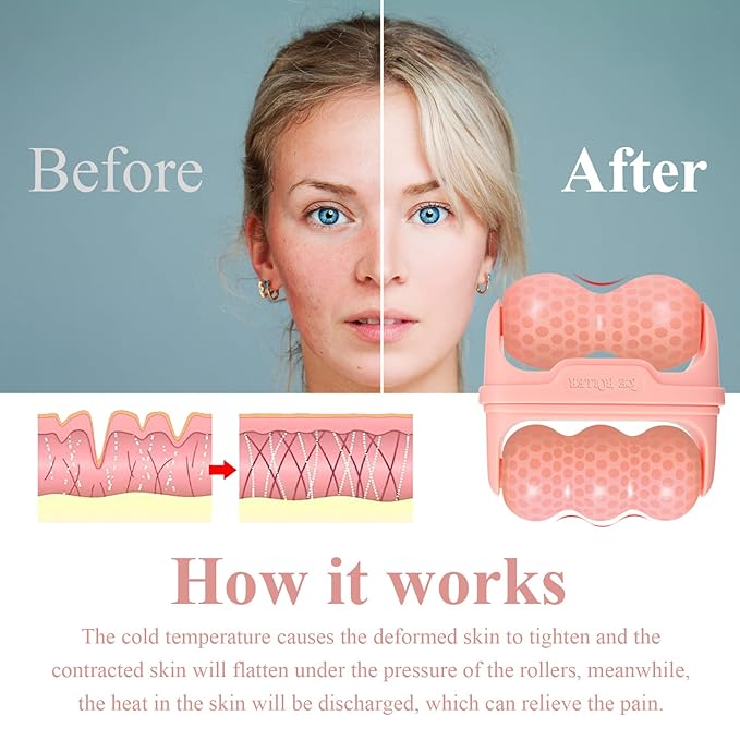 Ice Roller for Face, Ice Face Roller Skin Care Tools, 2 in 1 Face Massager Eye Roller for Puffy Eyes Migraine Relief, Reduce Wrinkles, Relieve Muscle Soreness, Relieve Sunburn and Redness, Pink