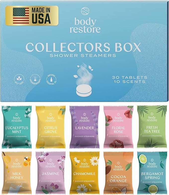 Body Restore Shower Steamers Aromatherapy 30 Pack - Mothers Day Gifts for Mom, Grandma, Birthday Gift for Dad, Daughter, Best Friend, Travel Essentials, Stress Relief, Self Care - Collector’s Box