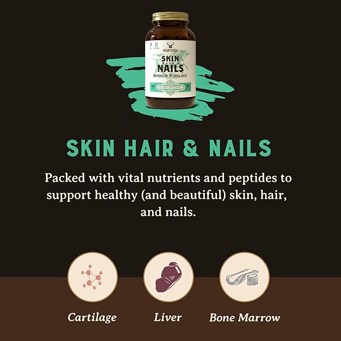 HEART & SOIL – 3000mg Skin, Hair and Nails Support Supplement with Grass Fed Beef Liver, Bone Marrow, Cartilage, Biotin, Collagen, Vitamins A, Riboflavin, Elastin – 180 Capsules