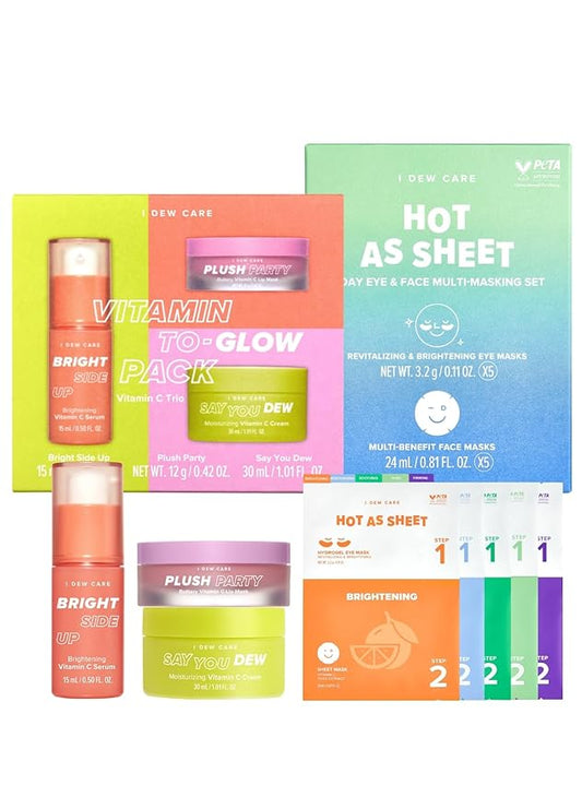 I Dew Care Korean Skin Care Set Trio - Vitamin To Glow Pack + Korean Sheet Mask Pack 5-Day Eye&Face Multi-masking Set - Hot as Sheet Bundle