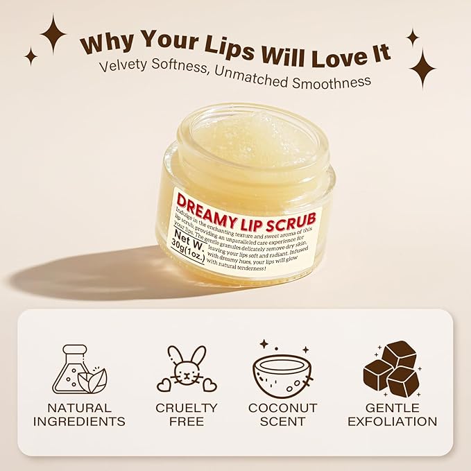 EJW Nourishing Lip Scrub - Infused with Coconut Oil, Olive Fruit Oil, and Jojoba Seed Oil, 1.05oz - Exfoliate, Hydrate, and Glow for Chapped Dry, Dark Lips