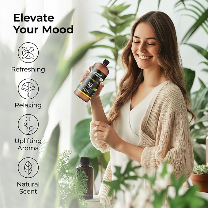 Healing Solutions Organic Lemongrass Essential Oil - 16oz Bulk for Candle Making, Aromatherapy, Cleaning & Diffuser - Organic Lemon Grass