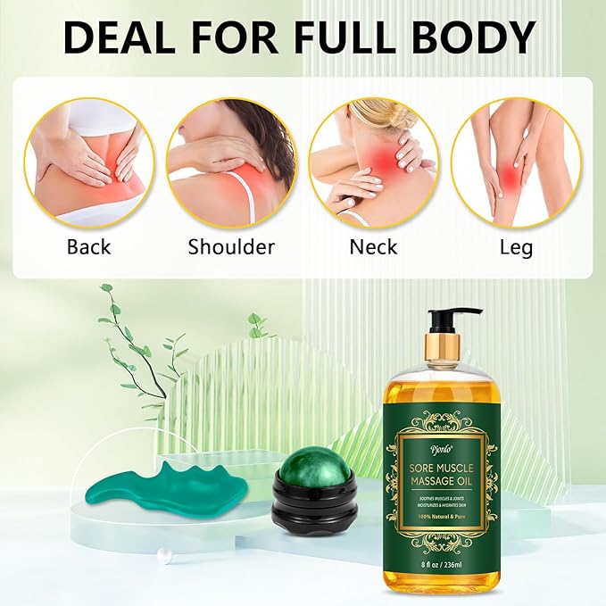 Sore Muscle Massage Oil for Massage, with Massage Roller Ball & Thumb Saver Massager, Body Massage Oil (8 Fl Oz)