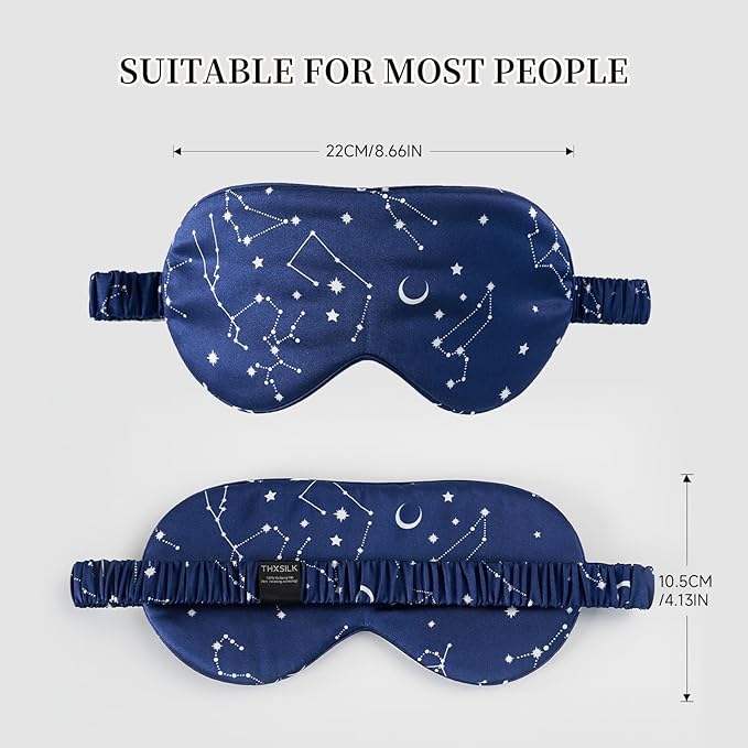 THXSILK Sleep Mask 100% 19 Momme Pure Mulberry Silk Super Smooth Cooling Decorative Sleep Eye Mask Blackout Eye Cover with Wide Head Strap, Constellation-Navy