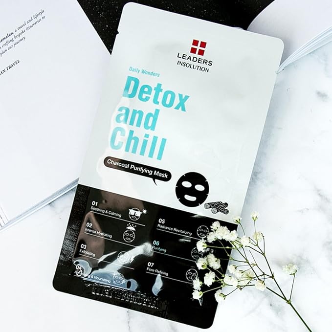Leaders Insolution Daily Wonders Detox and Chill Facial Mask Sheet Activated Charcoal Purifying Pore Minimizing Exfoliating Dead Skin Korean Skincare (10 Sheets)