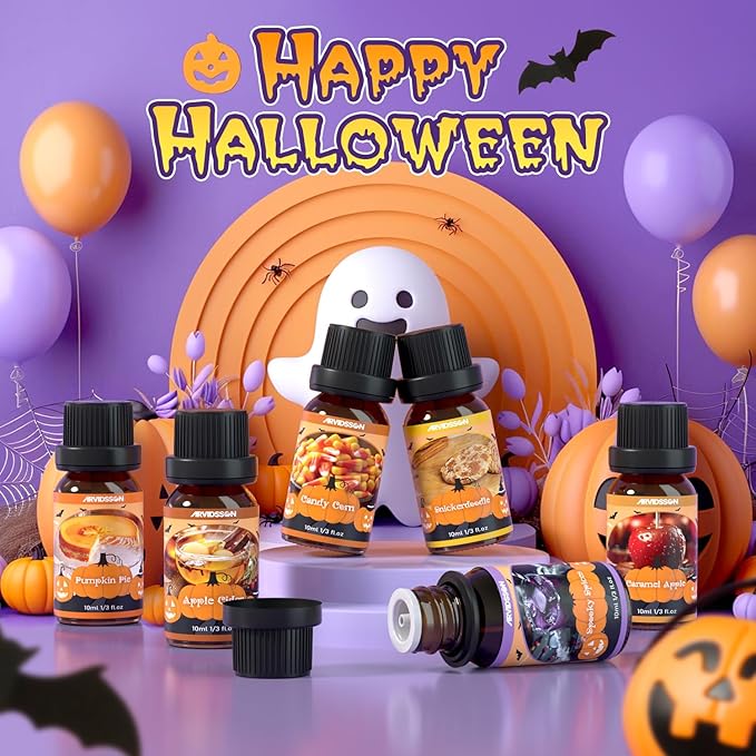 Halloween Fragrance Oils Set, ARVIDSSON Halloween Essential Oils for Candle Making, Spooky Scented Oil for Diffuser, Pumpkin Pie, Candy Corn, Snickerdoodle, Caramel Apple, Spooky Spices, Apple Cider