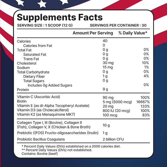 Multi Collagen Peptides with Probiotics + Type I, II, III, V, X + Hydrolyzed Collagen Powder with Vitamin C+D3+B7+K2+E Hyaluronic Acid, Supports Skin Hair Nail & Joint, Grass-Fed, Non-GMO