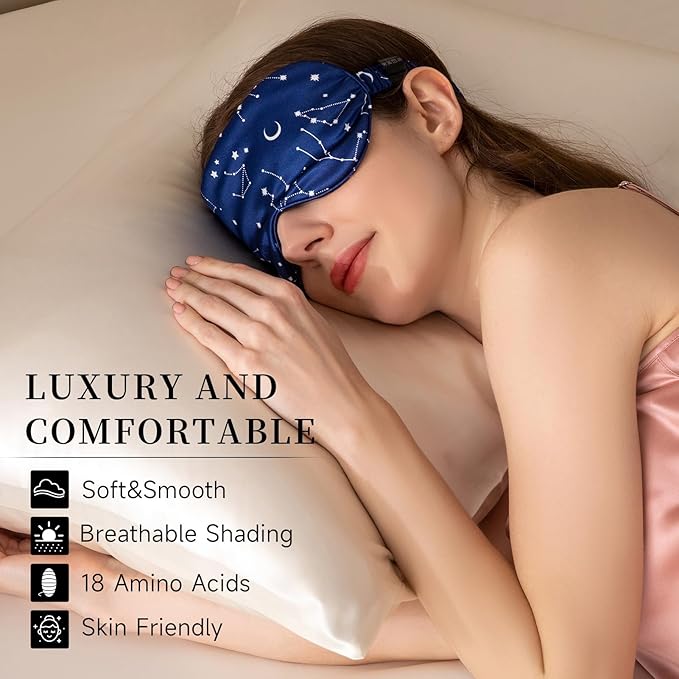 THXSILK Sleep Mask 100% 19 Momme Pure Mulberry Silk Super Smooth Cooling Decorative Sleep Eye Mask Blackout Eye Cover with Wide Head Strap, Constellation-Navy