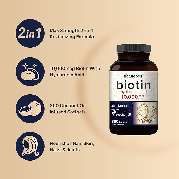 Biotin 10000mcg + Hyaluronic Acid 25mg | 360 Coconut Oil Softgels, Premium Biotin Vitamins for Hair Skin and Nails, Highly Purified and Bioavailable, Quick Release