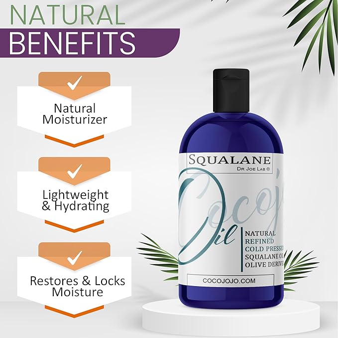 Dr Joe Lab Squalane Oil Pure Plant Derived Refined Cold Pressed Squalene From Olives Vegan Undiluted Bulk Carrier Oil for Face Skin Hair Body Cosmetics Natural Cleanser Moisturizer (16 oz)