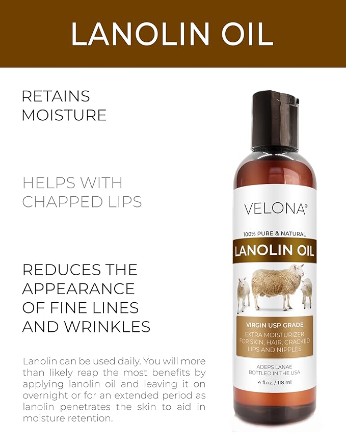 velona Lanolin Oil USP Grade 4 fl oz | 100% Pure and Natural Carrier Oil | Refined, Cold pressed | Skin, Hair, Body & Face Moisturizing | Use Today - Enjoy Results