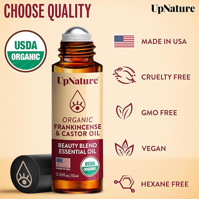 UpNature Beauty Essential Oil Blend Roll On - 100% Organic Castor Oil & Frankincense for Face - Wrinkles Dark Circles Under Eye Roller Ball Rollerball