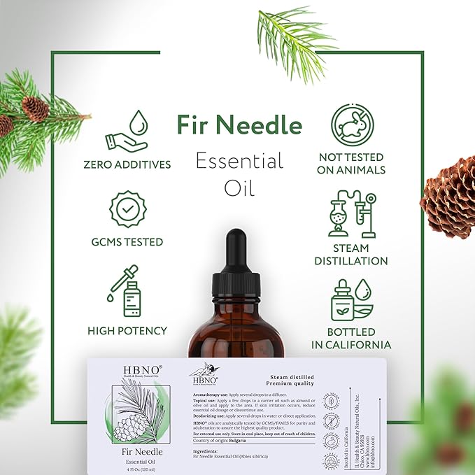 HBNO Fir Needle Essential Oil - Huge 4 oz (120ml) Value Size - Natural Fir Needle Oil - Perfect for Cleaning, Aromatherapy, DIY, Soap and Diffuser - Fir Needle Essential Oils