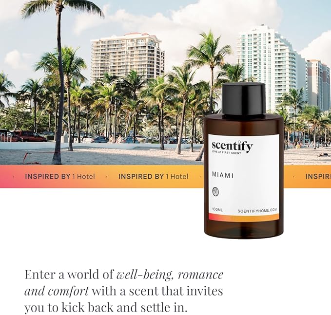 Scentify Miami Aroma Oil Refill Scent for Oil Diffusers - Creamy, Cashmere, Sandalwood, Musk Scents - Luxurious Relaxing Aromatherapy Diffuser Fragrance 100ml, 3.38 oz