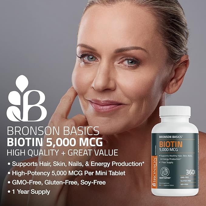 Bronson Biotin 5,000 MCG Supports Healthy Hair, Skin & Nails & Energy Production - High Potency Beauty Support - Non-GMO, 360 Vegetarian Tablets