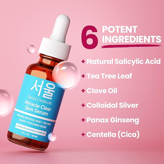 SeoulCeuticals Korean Acne Serum, Skin Care Treatment for Acne Prone Skin - Rapid Action Salicylic Acid, Tea Tree & Clove For Even Skin Tone 1oz