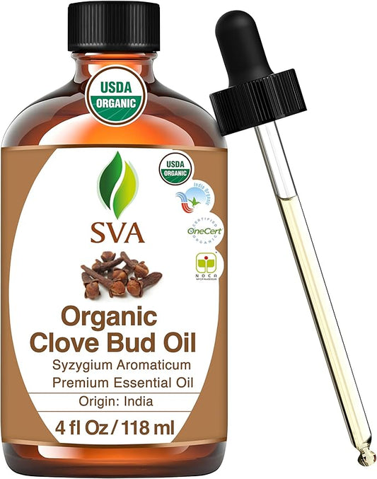 SVA Clove Essential Oil Organic – 4 Fl Oz – 100% Natural Organic Clove Oil - for Diffuser, Hair Care, Face, Skin Care, Aromatherapy, Scalp and Body Massage, Soap and Candle Making - with Dropper